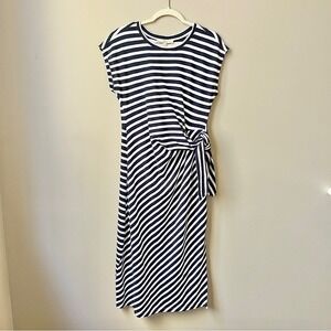Loft Dress Women's XS Navy Blue White Stripes Preppy Cotton Midi Knit Stretch